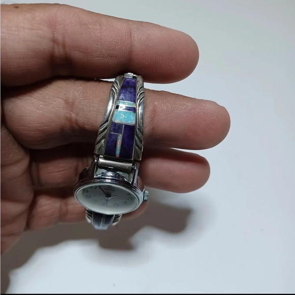 Timex indiglo Vintage Navajo R. Francisco Sterling Silver Stone Inlay Watch Band - Picture 4 of 8